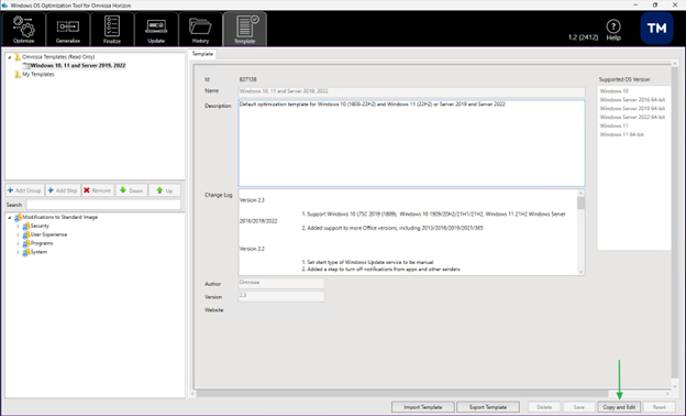 Editor de plantillas de Windows OS Optimization Tool for Horizon