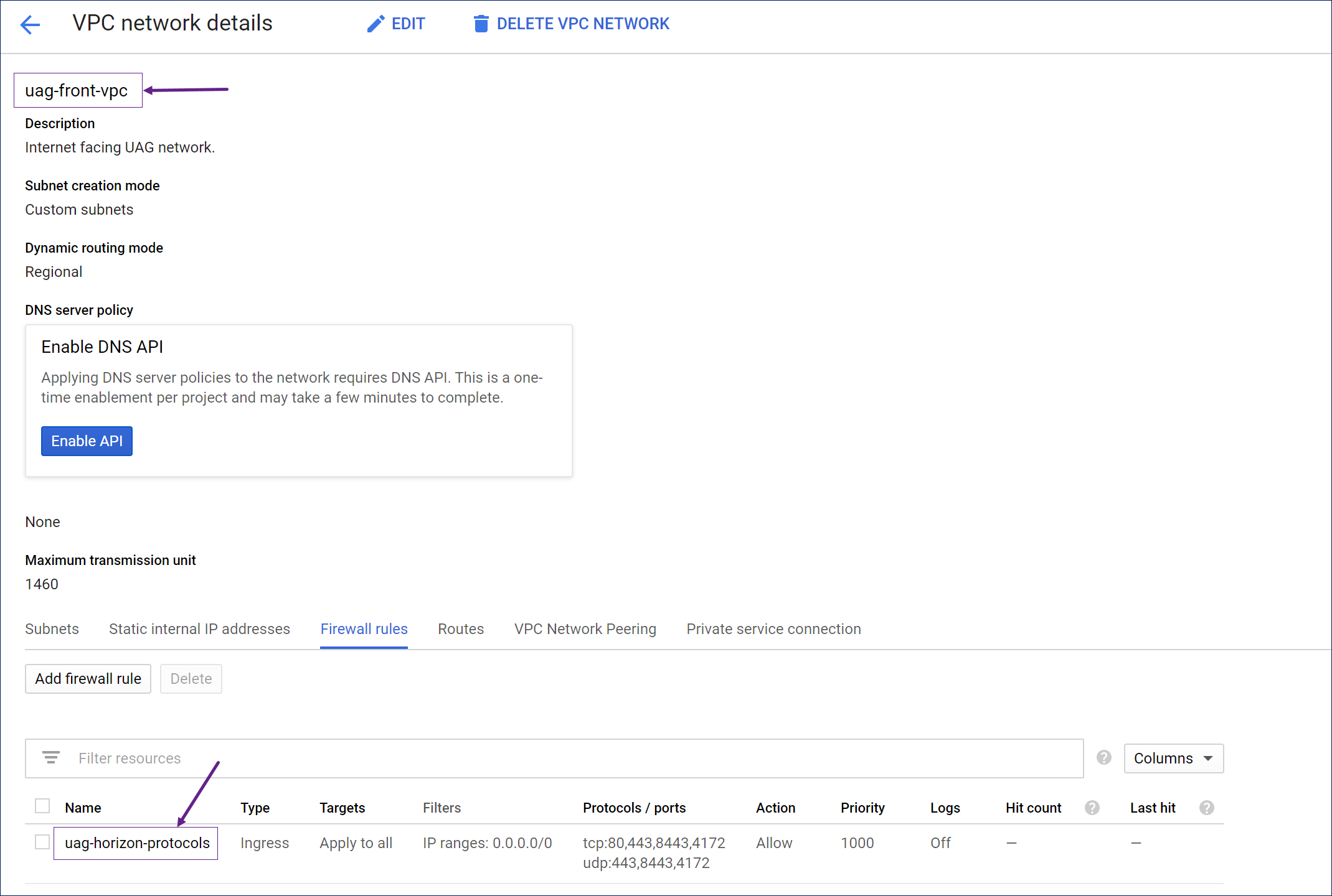 Google Cloud Console muestra una entrada de firewall para el servicio de Horizon Edge, donde se configuran los puertos TCP y UDP.