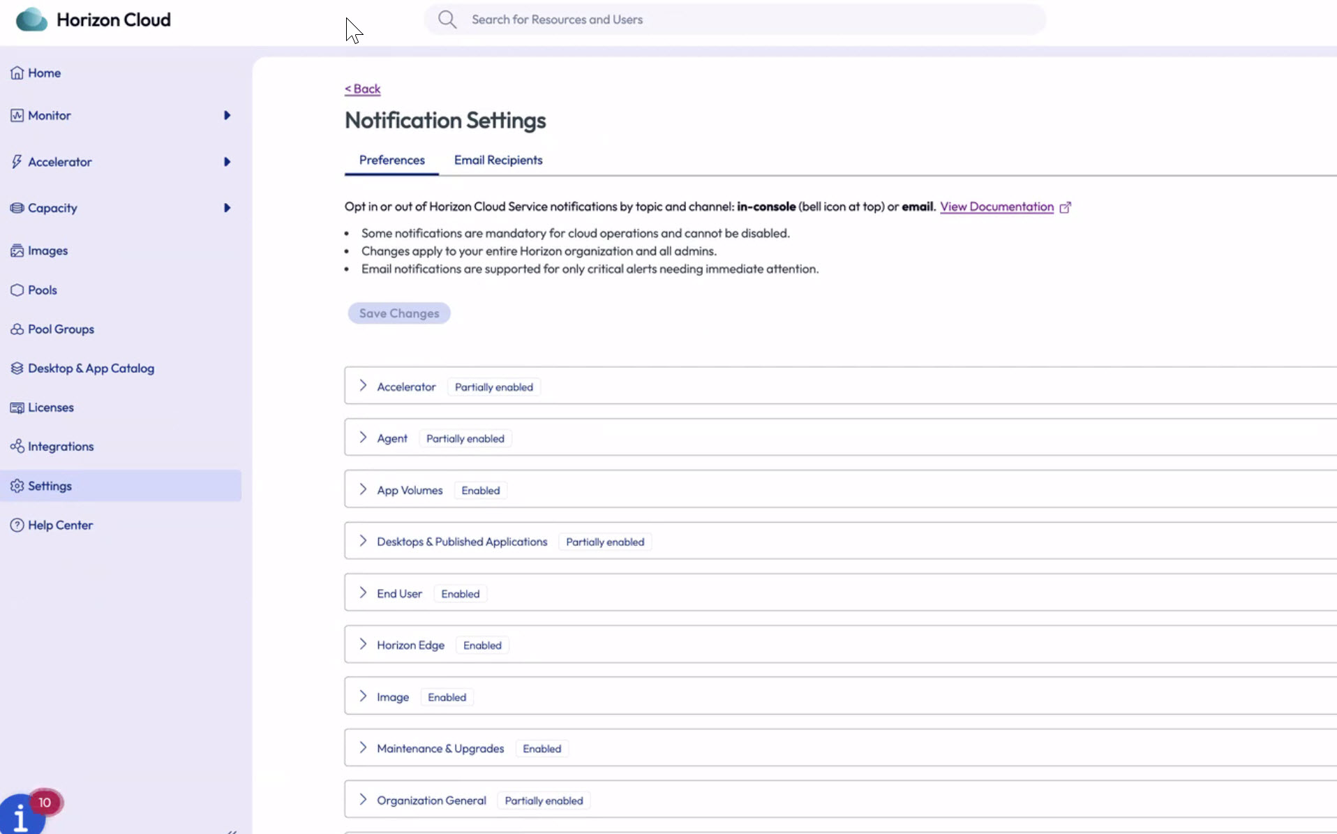 Página de detalles de las preferencias de notificación, tal y como se describe.