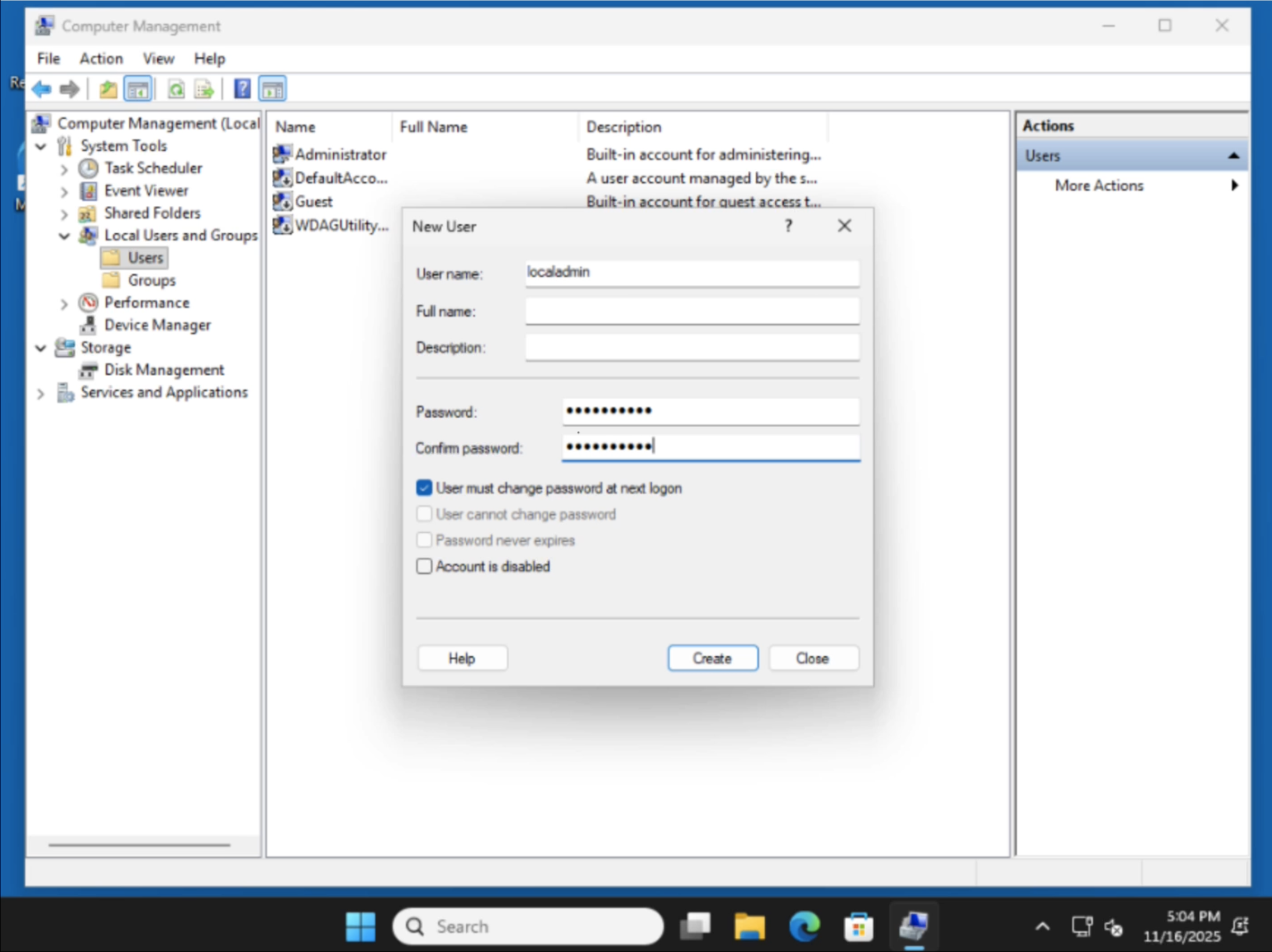 Pantalla del administrador del sistema operativo Windows en la que se muestra cómo crear una cuenta de administrador local de seguridad