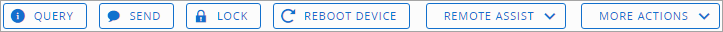 Se muestran los botones de acción de la lista de dispositivos: Consultar, Enviar, Bloquear, Reiniciar dispositivo, Asistencia remota y más acciones