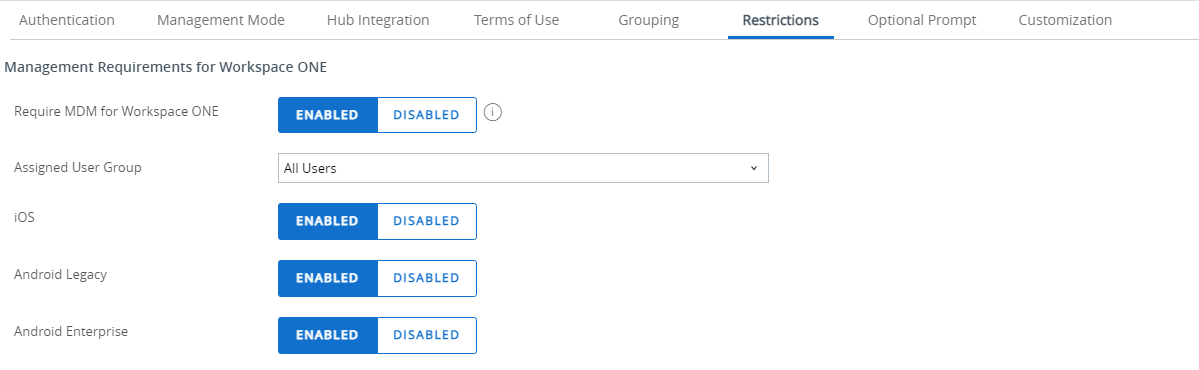 Esta captura de pantalla parcial muestra la pestaña Restricciones para los ajustes de inscripción Esta captura de pantalla parcial muestra la pestaña Restricciones para los ajustes de inscripción