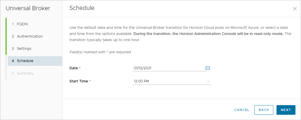 Asistente de configuración de Universal Broker, página Programación.