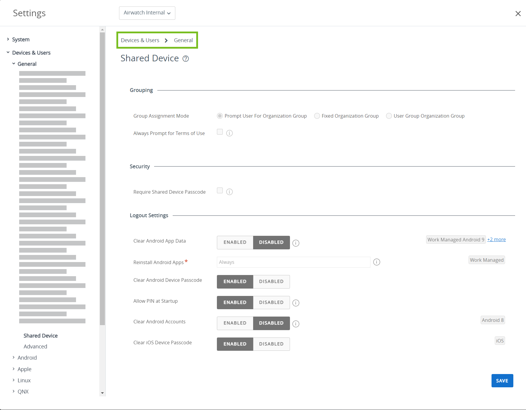 Página Ajustes de dispositivos compartidos