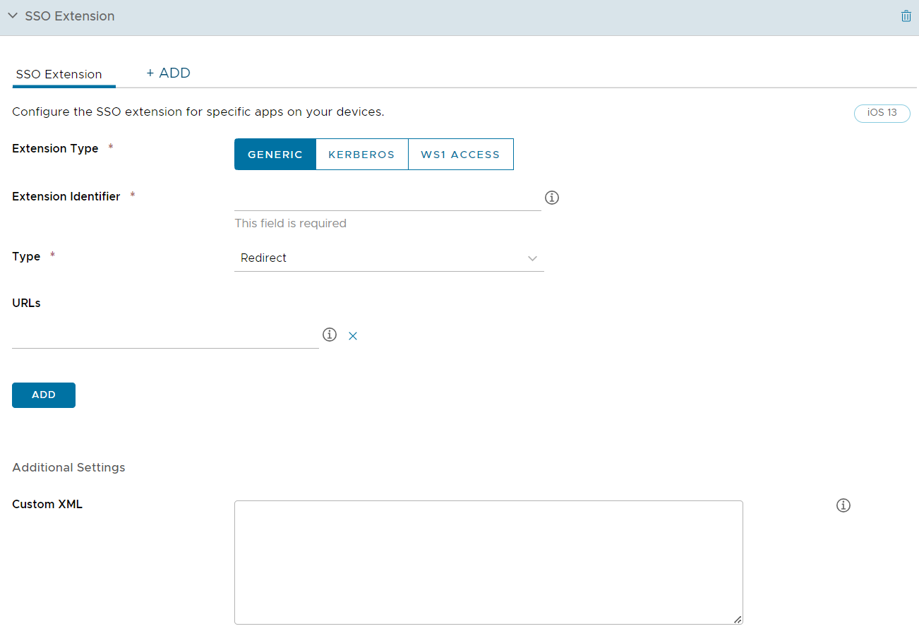 Se muestra UEM Console con la página Ajustes del perfil de extensión de SSO Se muestra UEM Console con la página Ajustes del perfil de extensión de SSO
