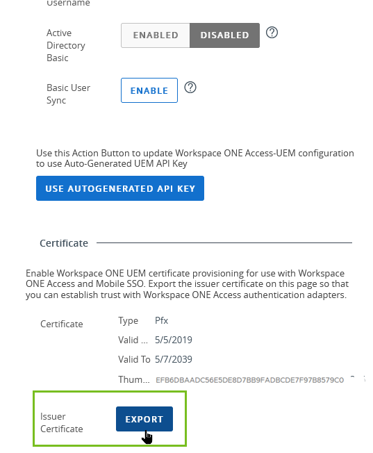 Página de configuración de Omnissa Access en Workspace ONE UEM Console, y ejemplo de exportación de certificado