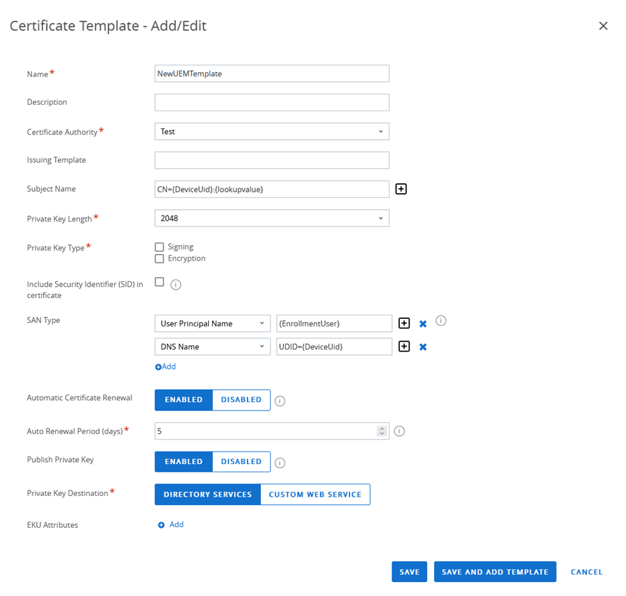 Página de plantillas de certificación de Workspace ONE UEM Console