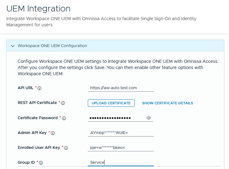 Página Integración de Workspace ONE UEM de la consola de Omnissa Access