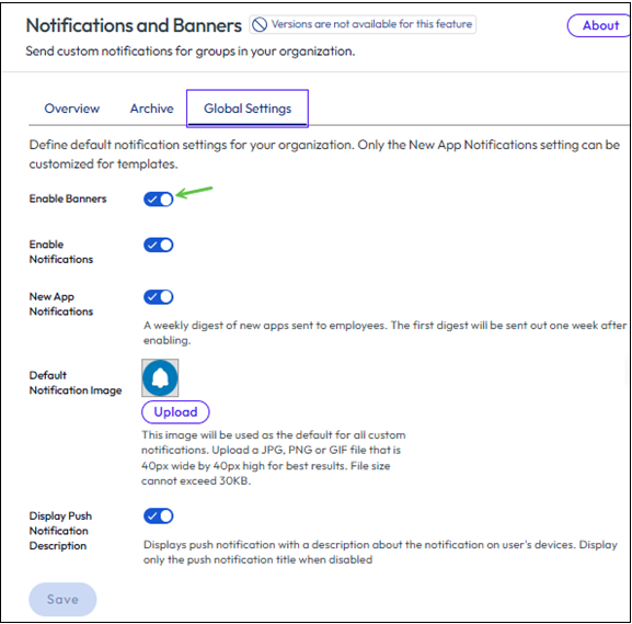 Opción Habilitar banners seleccionada en la pestaña Configuración global.