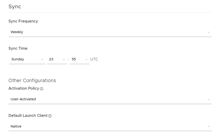 La frecuencia de sincronización es semanal; la hora de sincronización es el domingo a las 23, la directiva de activación es activada por el usuario y el cliente de inicio predeterminado es nativo.