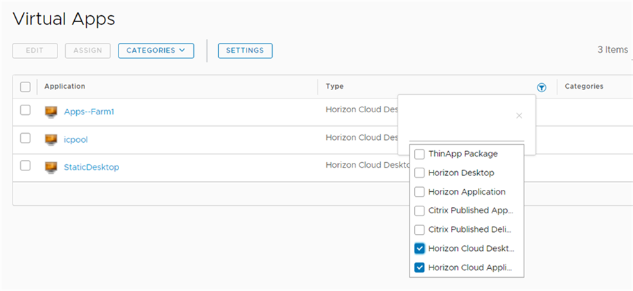 La página Aplicaciones virtuales solo muestra las aplicaciones de tipo Escritorio de Horizon Cloud y Aplicación de Horizon Cloud.