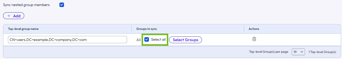 La opción Seleccionar todo está marcada para el grupo de nivel superior CN=Users,DC=example,DC=com.