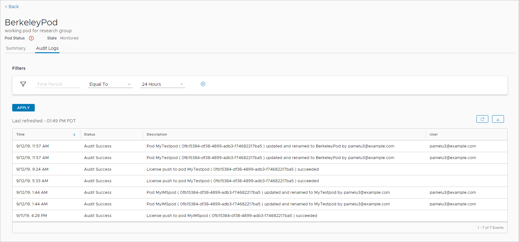 Screenshot of the Audit Logs screen