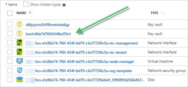 Horizon Cloud on Microsoft Azure: This screenshot illustrates the encryption key vault located in the pod's manager VM's resource group.