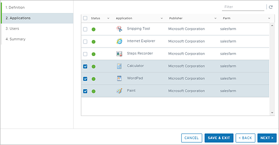 New Application Assignment wizard at step 2 with applications selected