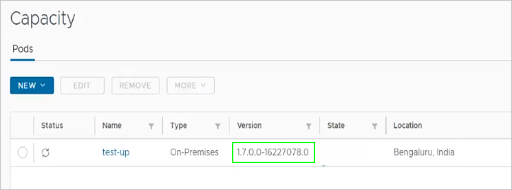 Appliance version number on Capacity page after update.