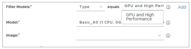 Screenshot of the Filter Models filter that shows an example where Type and GPU and High Performance are selected.