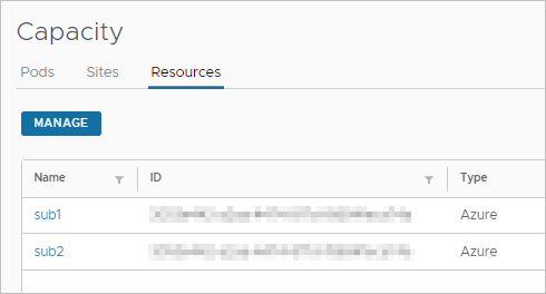 A screenshot that shows the location of subscriptions listed by name on the Capacity page's Resources tab. A screenshot that shows the location of subscriptions listed by name on the Capacity page's Resources tab.