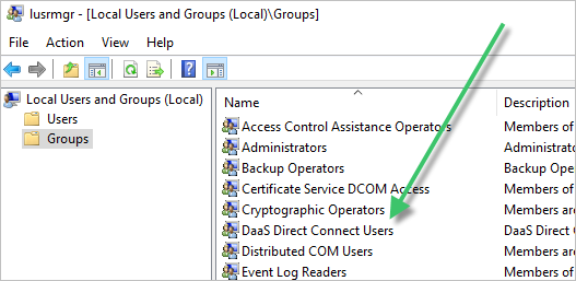 Screenshot showing the Local Users and Groups window and a green arrow pointing to the DaaS Direct Connect Users group Screenshot showing the Local Users and Groups window and a green arrow pointing to the DaaS Direct Connect Users group
