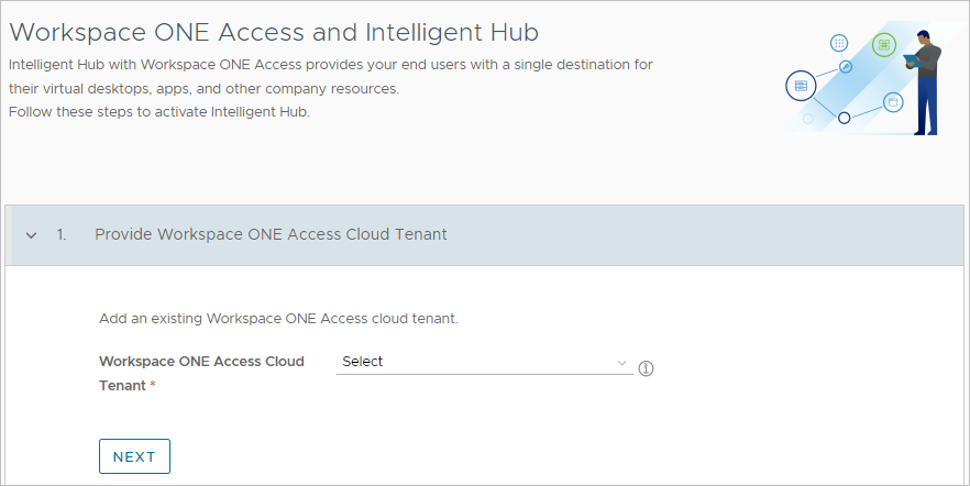 A screenshot of the wizard's step 1 Provide Access Cloud Tenant and a green arrow pointing to the step's Select menu.