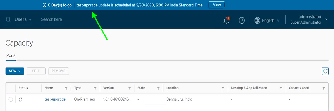 Notification banner for scheduled update.