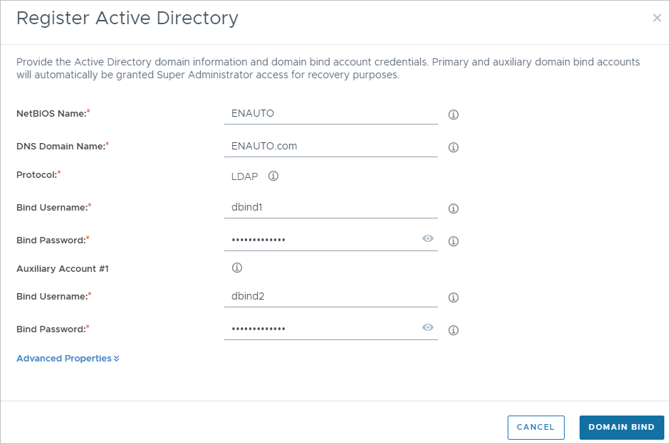 Screenshot of the Register Active Directory window filled out with sample values.