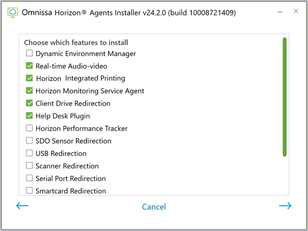 Screenshot of the top of the options screen that appears when running the Horizon Agents Installer on a Windows 11 operating system
