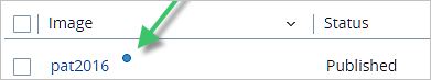 Screenshot of the console and a green arrow pointing to the blue dot indicating an image has agent updates available