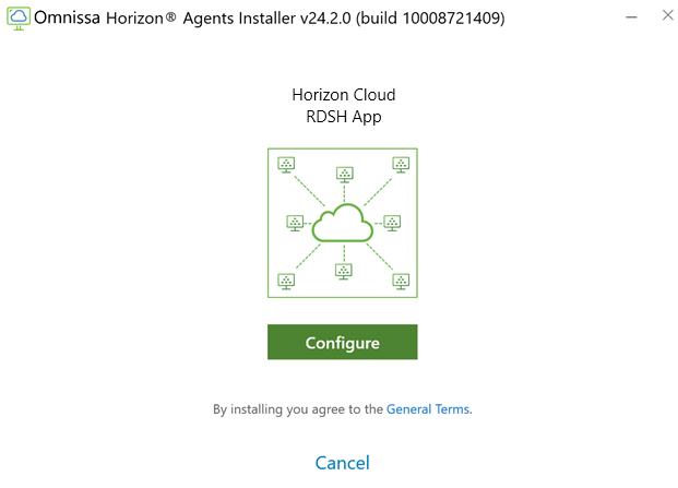 Screenshot of the initial screen that appears for the Horizon Agents Installer on a VM running an RDSH-type operating system