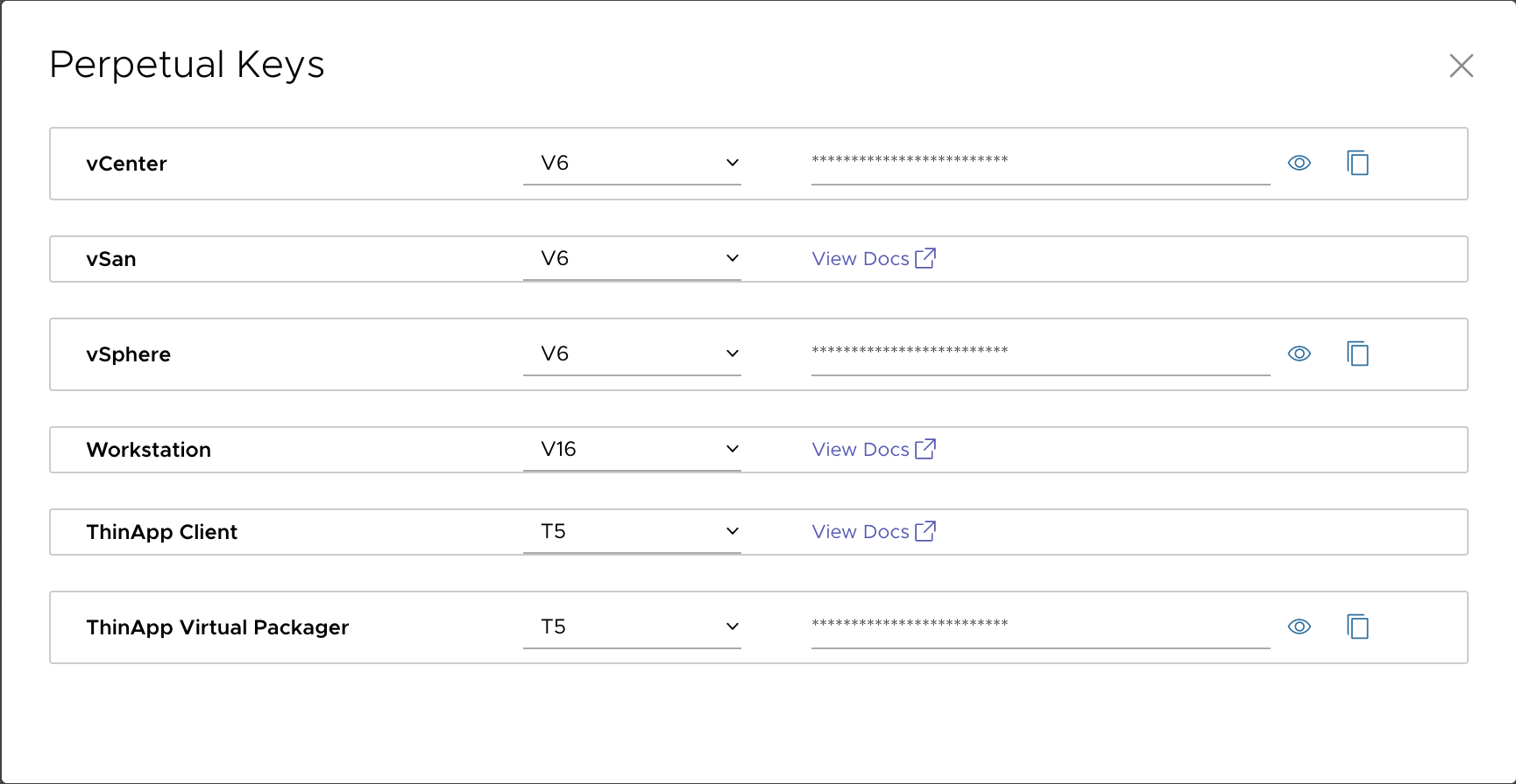 The Perpetual Keys screen with a product list, including a generated perpetual key for the vCenter product.