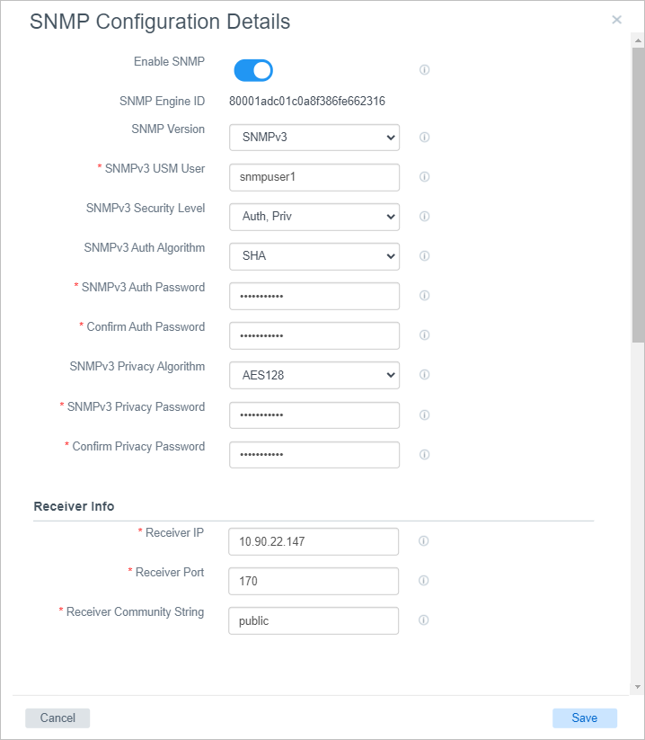 SNMP configuration details dialog box with settings configured SNMP configuration details dialog box with settings configured