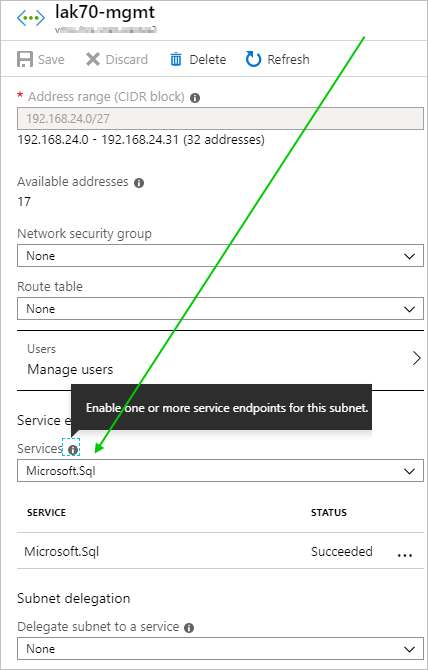 Screenshot of a subnet in the Microsoft Azure portal that shows the Microsoft.Sql item selected in the Services drop-down list.