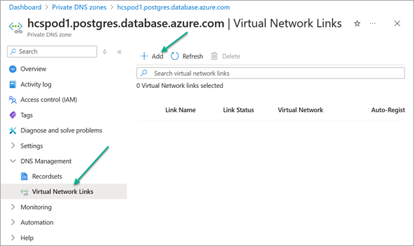Azure Portal - Private DNS Zone Virtual Network Links UI