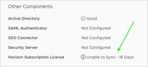 Health status of a Horizon subscription license on the pod details page Health status of a Horizon subscription license on the pod details page