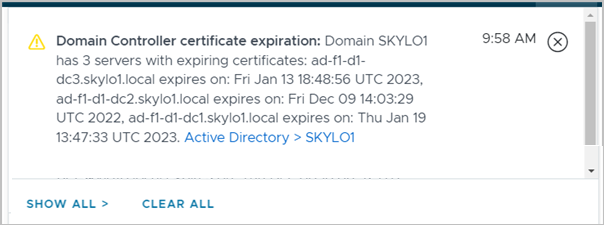 Screenshot that depicts one of the expiring certificate notifications