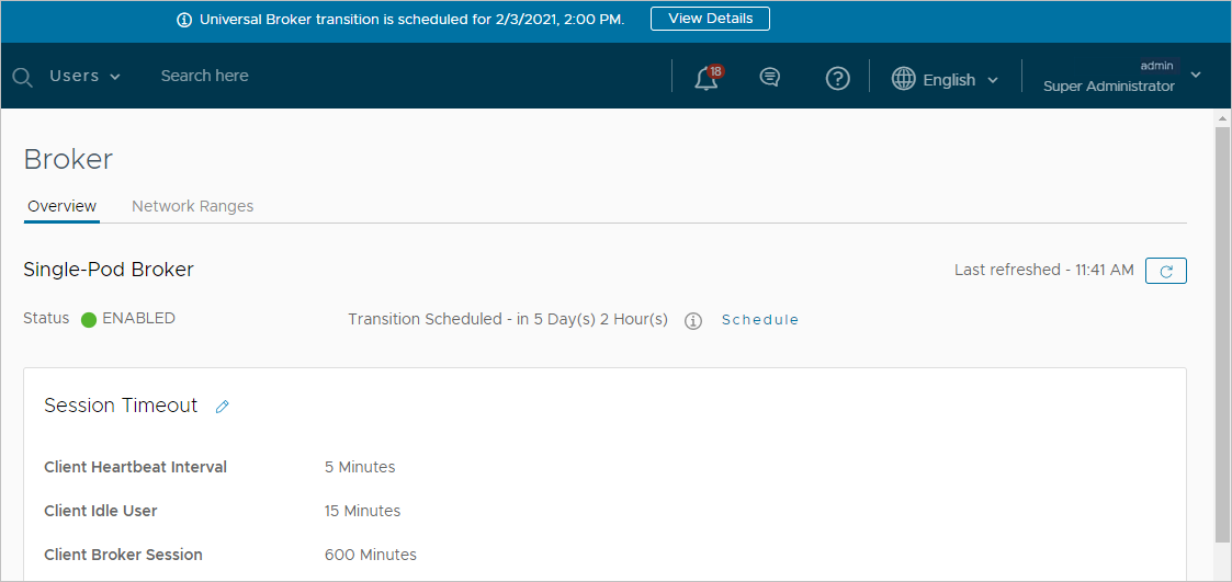 Notification banner and Broker page after scheduling the transition.