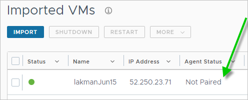 Screenshot of the Imported VMs page listing the VM with Not Paired in the Agent Status column