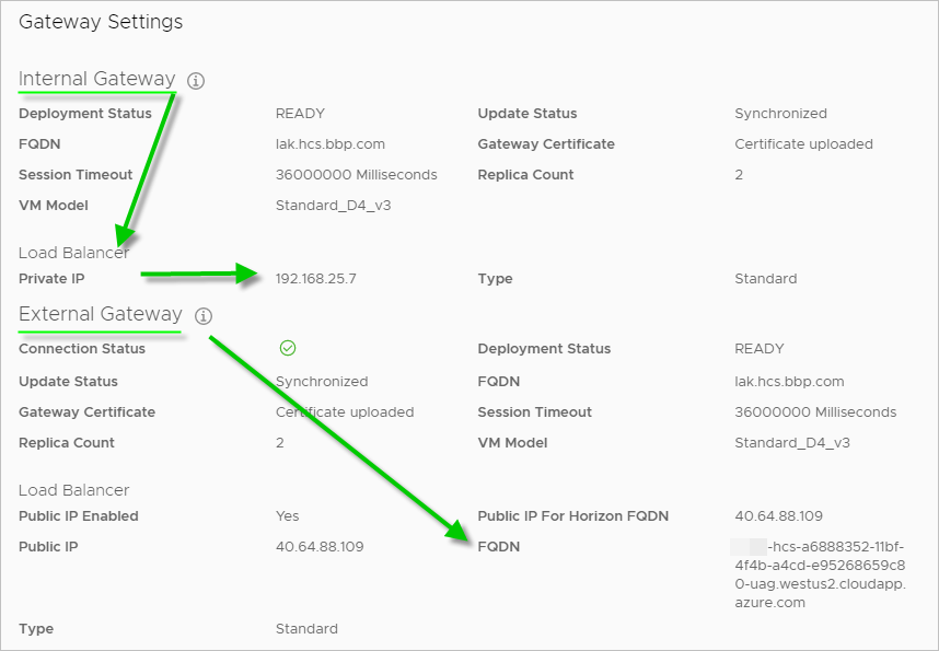 Horizon Cloud on Microsoft Azure: Screenshot of the Internal UAG and External UAG sections. Horizon Cloud on Microsoft Azure: Screenshot of the Internal UAG and External UAG sections.