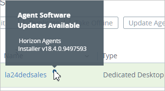 Point at the blue dot next to a dedicated VDI desktop assignment to see what agent updates are available.