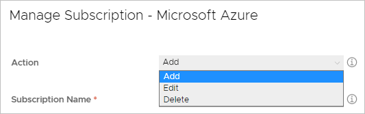 A screenshot of the Manage Subscription - Microsoft Azure UI window that shows the list of options under Action, which are Add, Edit, and Delete.