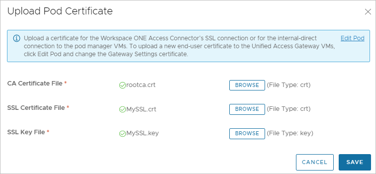 Screenshot that illustrates the Upload Pod Certificate window when all three files are selected before saving to the system. Screenshot that illustrates the Upload Pod Certificate window when all three files are selected before saving to the system.