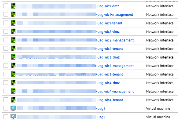 Screenshot of the NICs and VMs that the pod deployer creates for an external gateway configuration. Screenshot of the NICs and VMs that the pod deployer creates for an external gateway configuration.