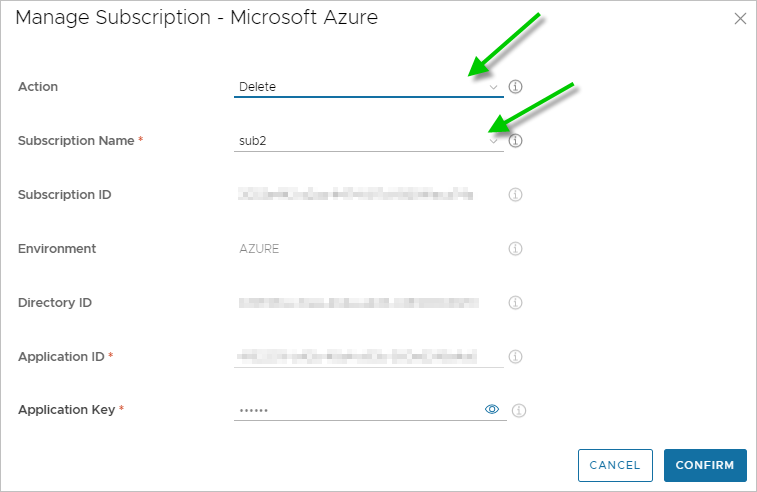 A screenshot of the Manage Subscription - Microsoft Azure UI window with the Action menu set to the Delete option and the Subscription Name menu set to a subscription named sub2, with green arrows pointing to that Delete option and sub2 name.