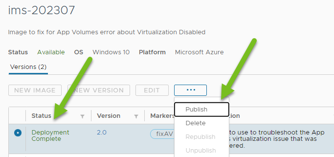 Screenshot of the new version selected and the Publish action with green arrows pointing to both. Screenshot of the new version selected and the Publish action with green arrows pointing to both.