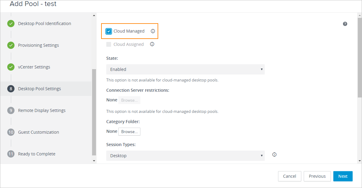 Cloud Managed setting in Add Pool wizard in Horizon Console
