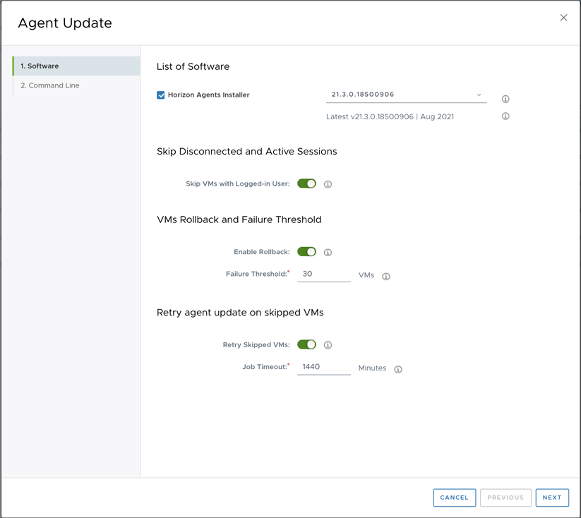 Screenshot of the Agent Update wizard for updating agents on an individual dedicated VDI desktop in an environment not configured for multi-cloud assignments. Screenshot of the Agent Update wizard for updating agents on an individual dedicated VDI desktop in an environment not configured for multi-cloud assignments.