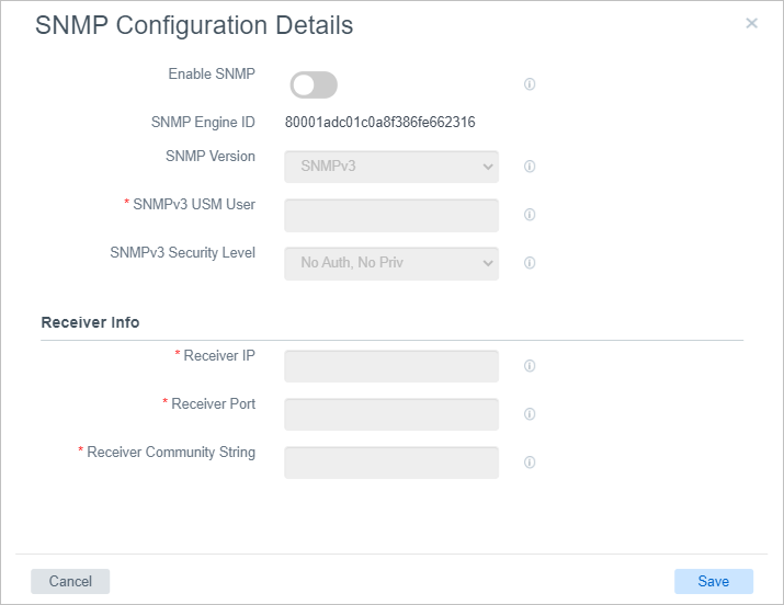 SNMP configuration details dialog box in its initial default state SNMP configuration details dialog box in its initial default state
