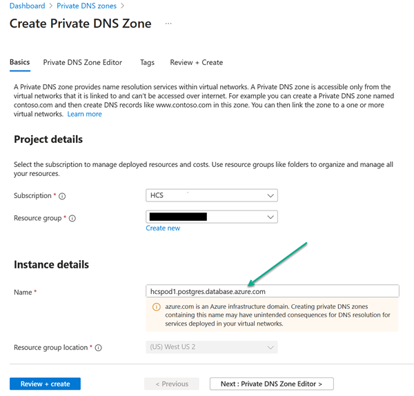 Azure Portal - Create Private DNS Zone UI