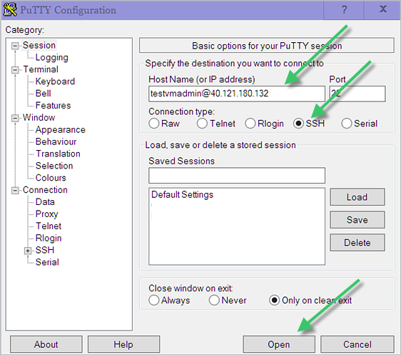 Screenshot that illustrates the PuTTY Configuration window with values entered and green arrows pointing to the Host Name field, SSH button, and Open button.