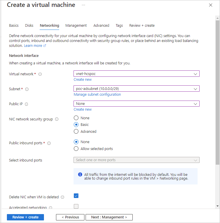 Screenshot of our example choices in the Networking tab of Create a virtual machine.